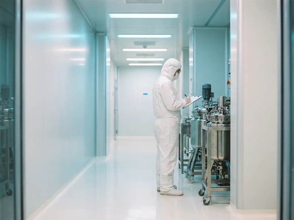 Gowned pharmaceutical technician reviewing clipboard in sterile cleanroom corridor with epoxy floors and stainless steel equipment.