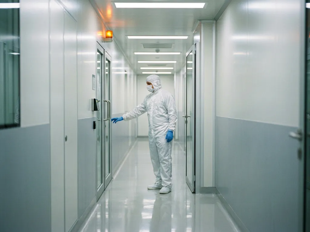 Gloved pharmaceutical technician in full cleanroom gown pausing at a controlled entry threshold in a sterile white corridor.