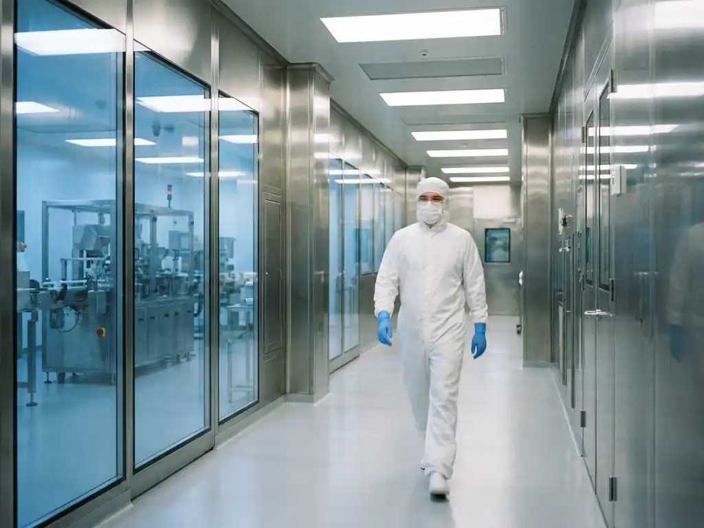 Cleanroom technician in white protective suit walking through sterile pharmaceutical corridor with stainless steel surfaces and sealed glass panels.