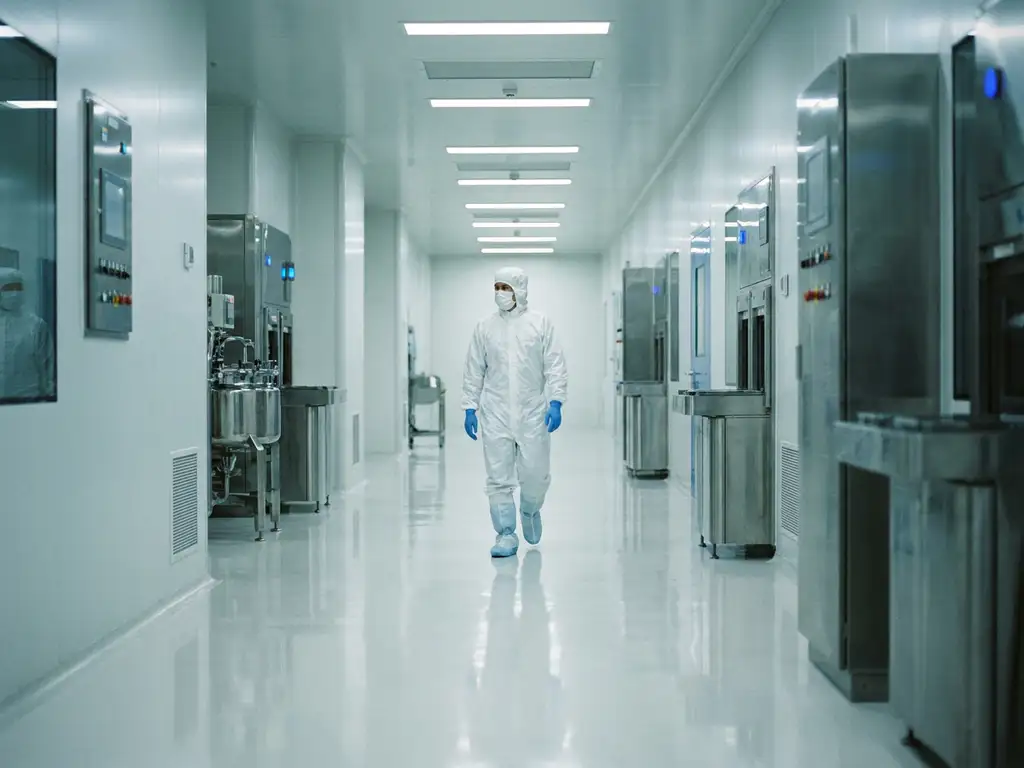 Pharmaceutical technician in cleanroom gown and gloves walking through a sterile white corridor with stainless steel equipment.
