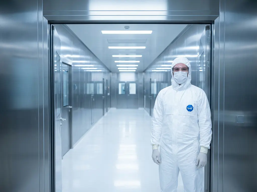 Pharmaceutical cleanroom technician in full gown, gloves, and face mask standing at the entrance of a sterile corridor with stainless steel surfaces.