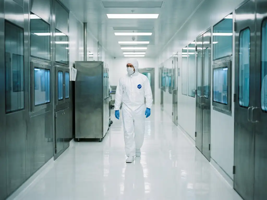 Pharmaceutical cleanroom technician in white gown and gloves walking through a sterile corridor with polished floors and stainless steel equipment.