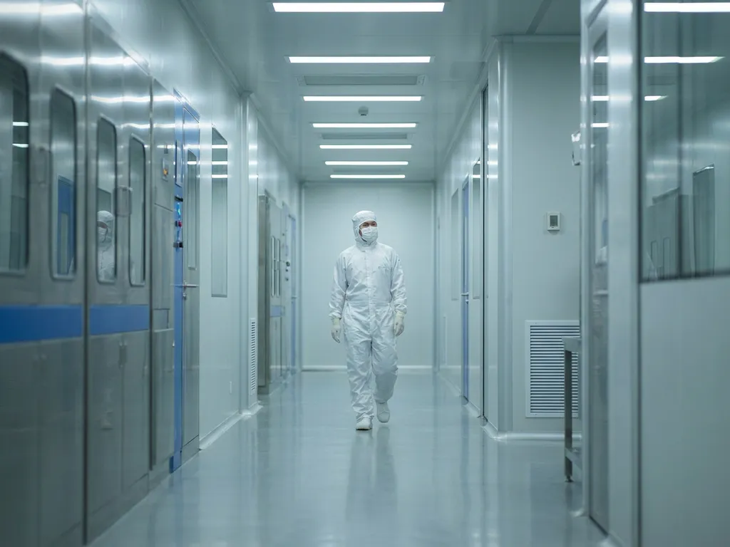 Pharmaceutical cleanroom technician in white gown, gloves, and face mask walking through a sterile corridor with polished epoxy floors and stainless steel surfaces.