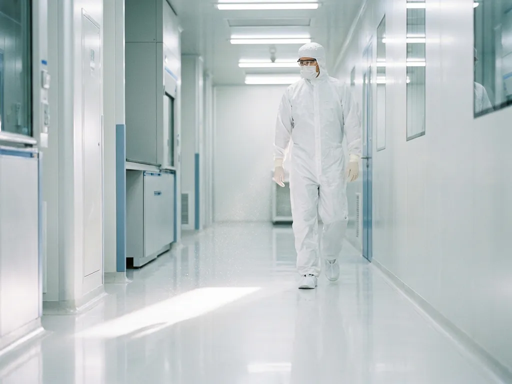Pharmaceutical cleanroom technician in white coveralls, gloves, and overshoes walking a sterile corridor with polished epoxy floors and suspended dust particles.