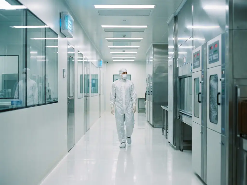 Gowned pharmaceutical technician in full PPE walking through a sterile cleanroom with white epoxy floors and stainless steel equipment.