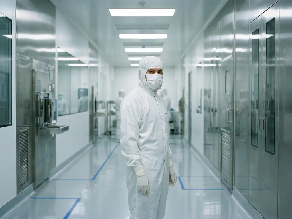 Technician in full cleanroom gown and mask standing in a sterile pharmaceutical cleanroom with gleaming stainless steel surfaces and polished epoxy flooring.