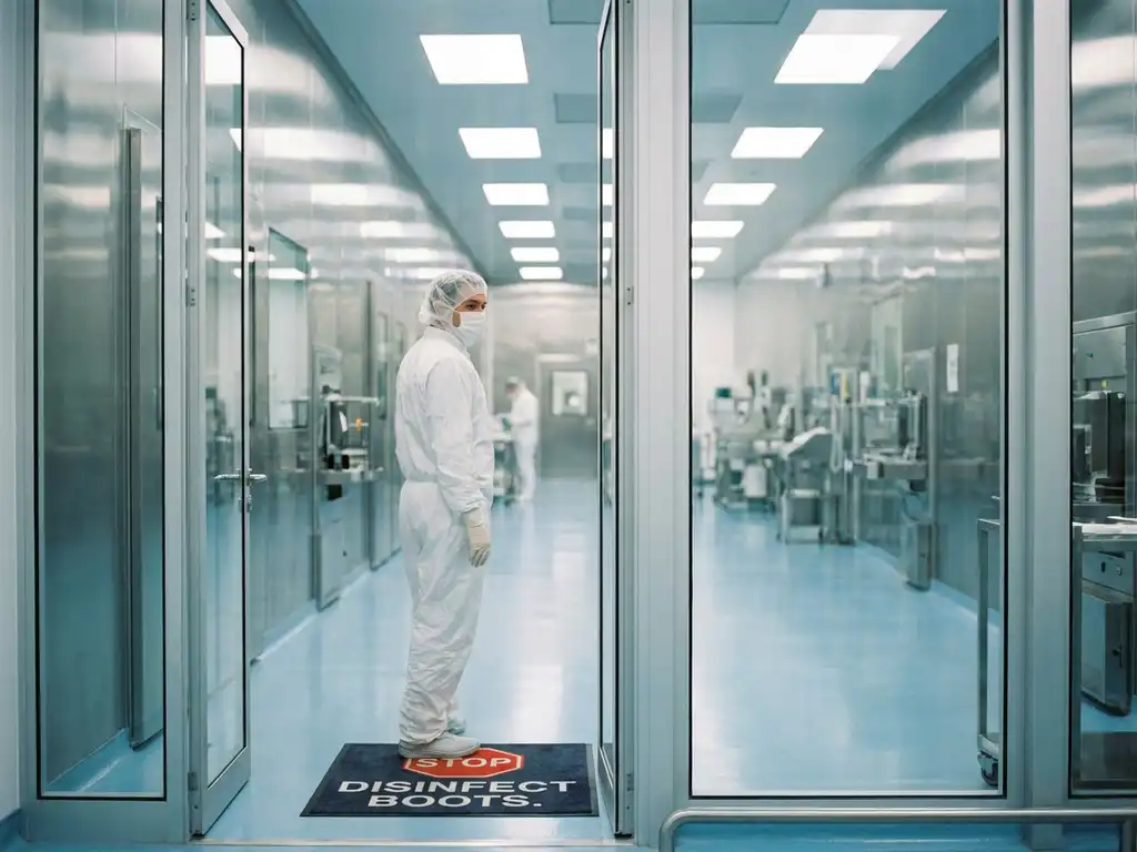 Cleanroom technician in white gown standing at the entrance of a sterile pharmaceutical facility with gleaming stainless steel walls.