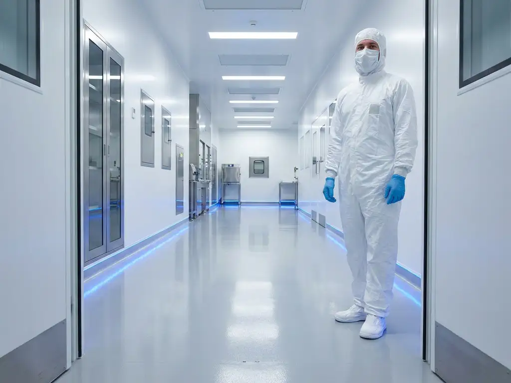 Cleanroom technician in white protective suit entering a sterile pharmaceutical facility with polished epoxy floors and stainless steel surfaces.