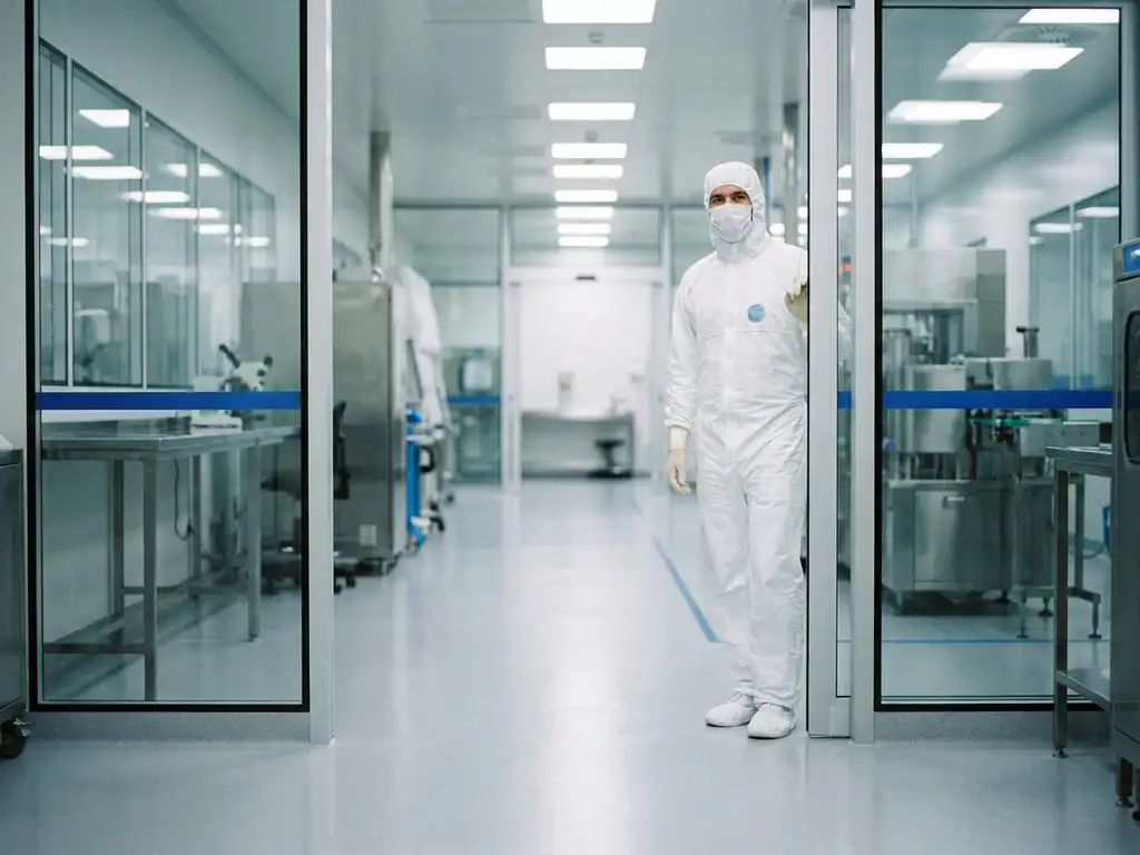 Cleanroom technician in white protective suit standing at the entrance of a sterile pharmaceutical facility with stainless steel surfaces.
