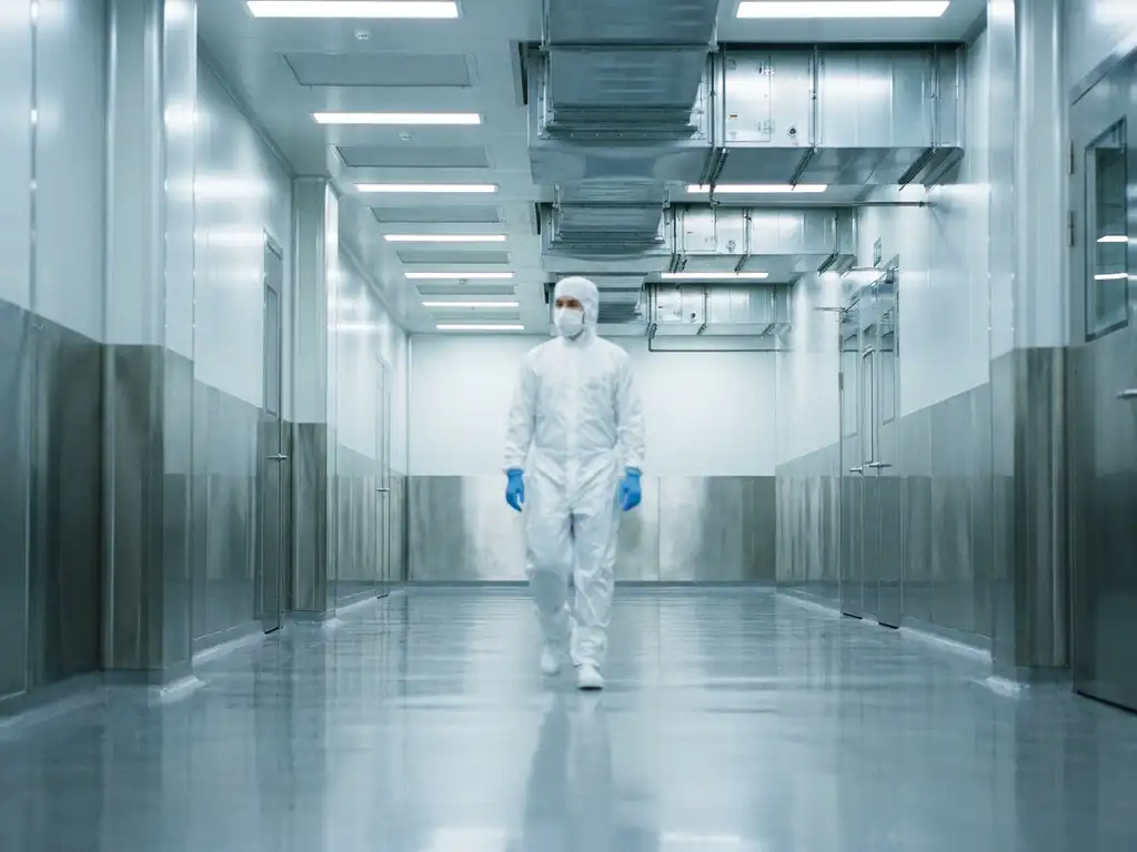 Gloved technician in white cleanroom suit walking through a sterile pharmaceutical facility corridor with stainless steel surfaces.