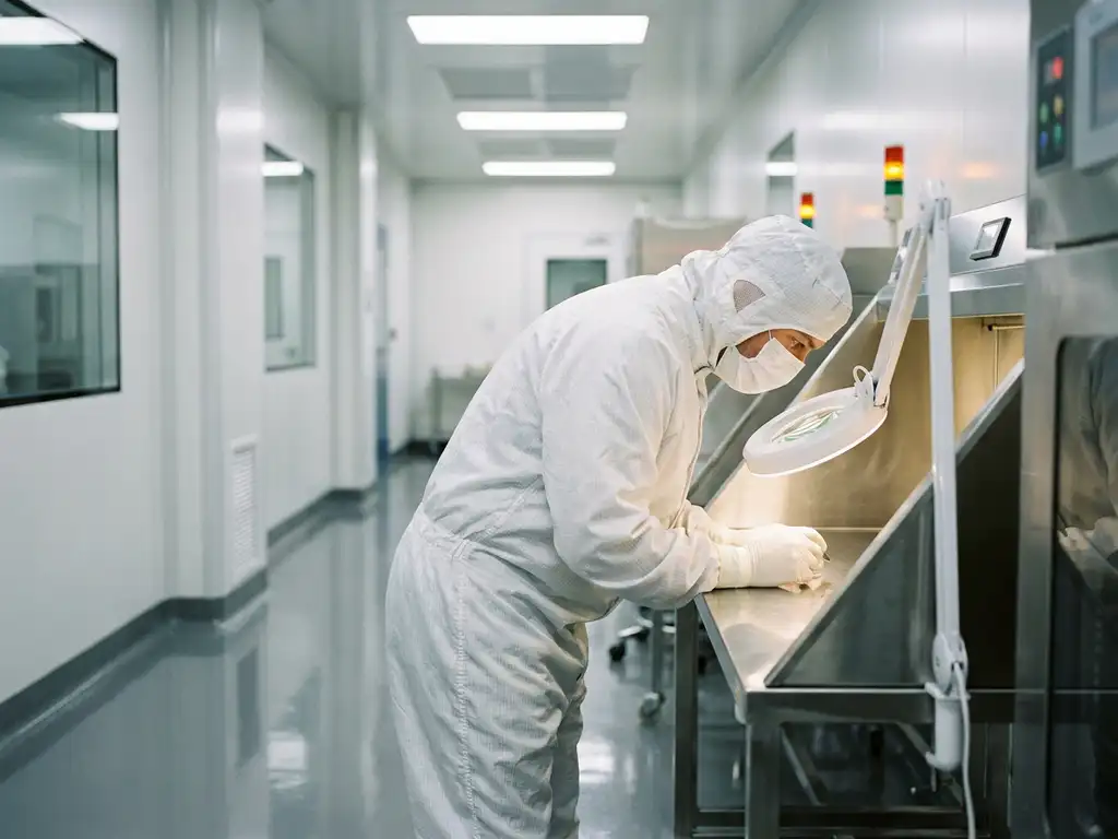Cleanroom technician in white protective suit inspecting stainless steel surface inside a sterile pharmaceutical manufacturing facility.