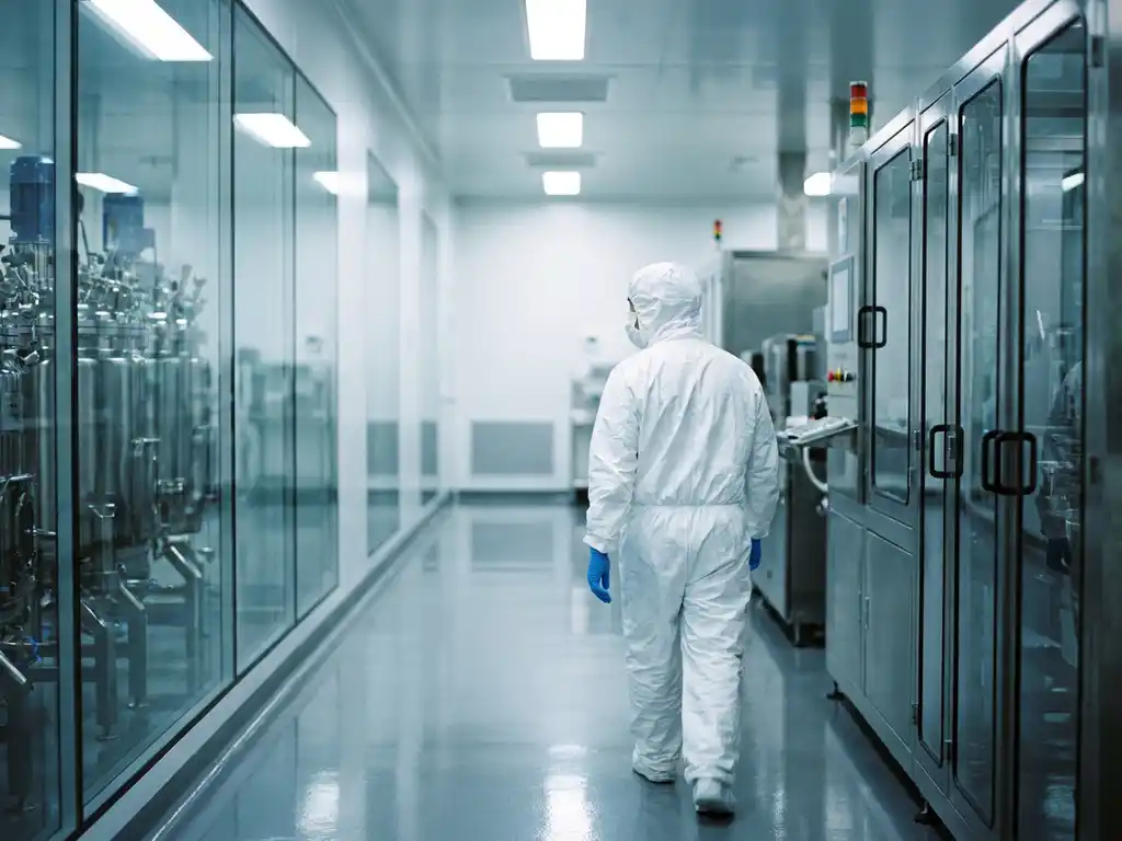 Cleanroom technician in white protective suit walking through sterile pharmaceutical manufacturing corridor with stainless steel equipment.