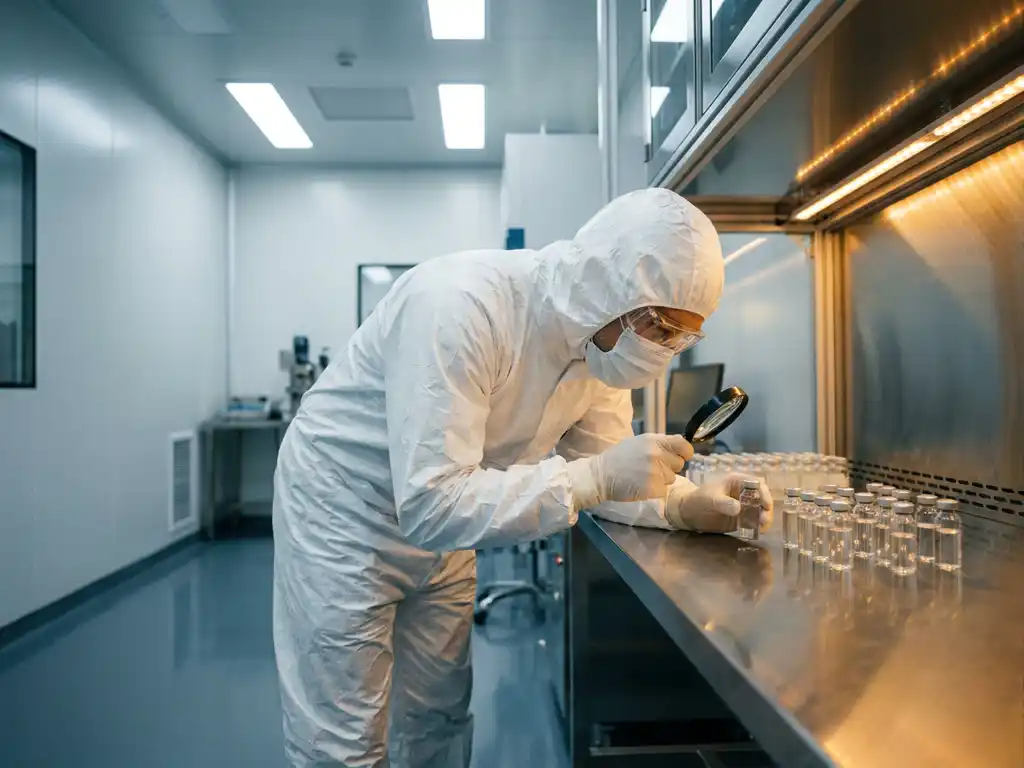 Pharmaceutical cleanroom technician in sterile white gown and gloves inspecting sealed vials on stainless steel in a clinical facility.