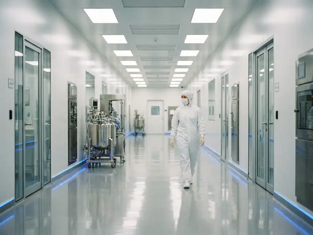 Technician in white cleanroom suit walking through sterile pharmaceutical corridor with polished epoxy floors and stainless steel equipment.