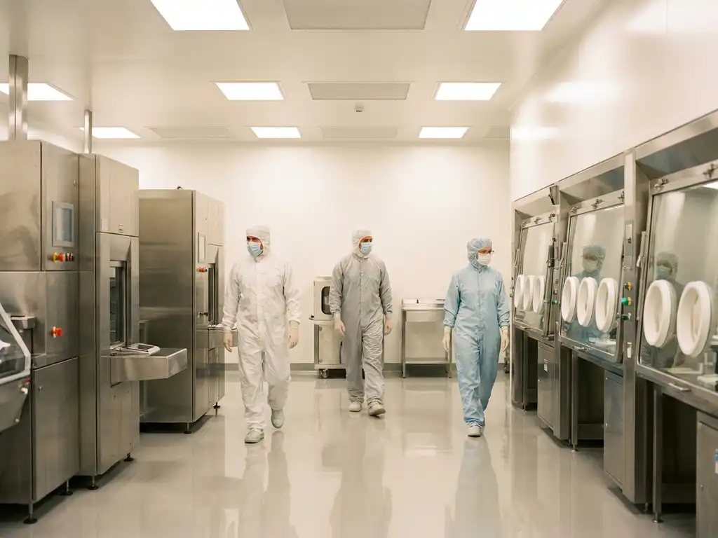 Gowned technicians working amid stainless steel equipment in a sterile pharmaceutical cleanroom with epoxy flooring and clinical white lighting.