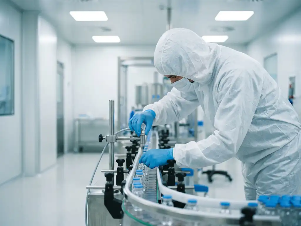 Cleanroom technician in white protective suit filling sterile vials on a stainless steel pharmaceutical fill-and-finish production line.
