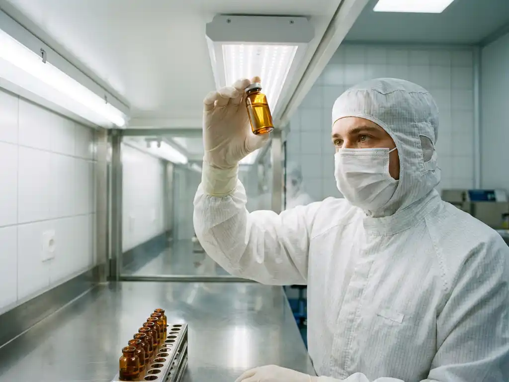 Pharmaceutical scientist in cleanroom gown inspecting a sealed glass vial under bright lab lighting, sterile stainless steel surfaces and vials in background.
