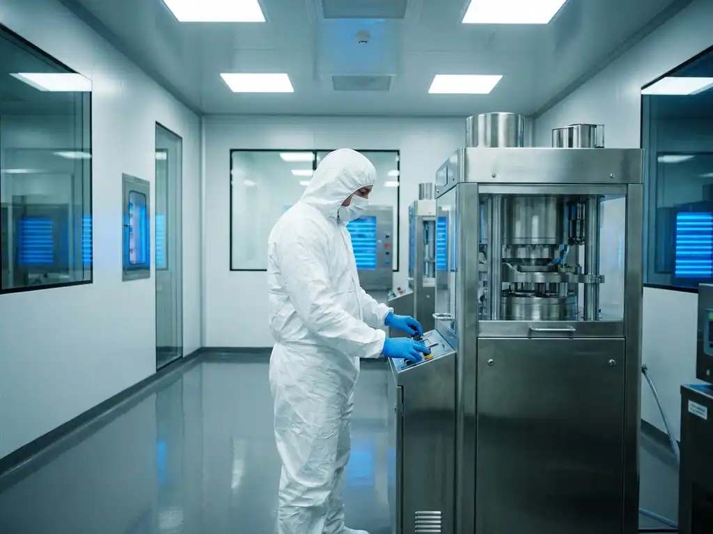 Gloved technician in white cleanroom suit operating a stainless steel tablet press in a sterile pharmaceutical manufacturing facility.