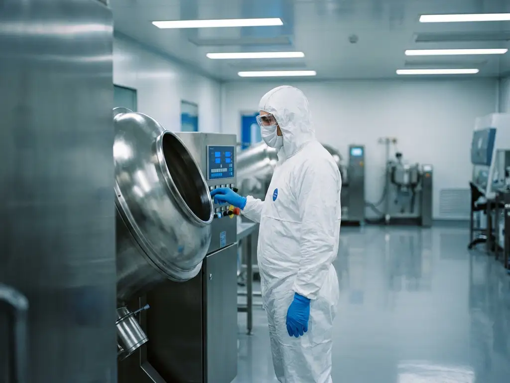 Pharmaceutical technician in white cleanroom suit monitoring stainless steel granulation drum in a solid dose manufacturing suite.