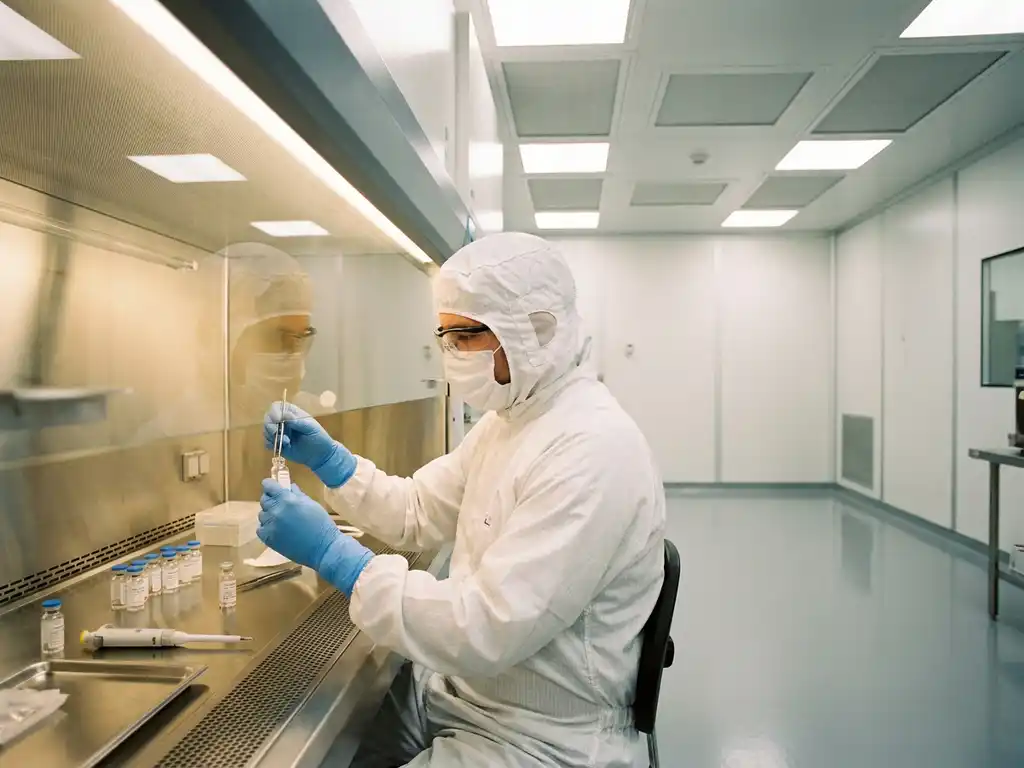 Pharmaceutical technician in cleanroom gown and gloves handling a glass vial at a sterile stainless steel workbench in an ISO-classified cleanroom.
