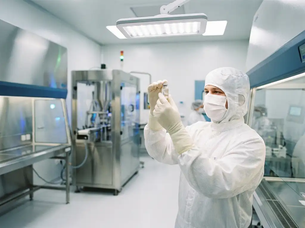 Cleanroom technician in white protective suit inspecting a pharmaceutical vial inside a sterile aseptic filling suite.