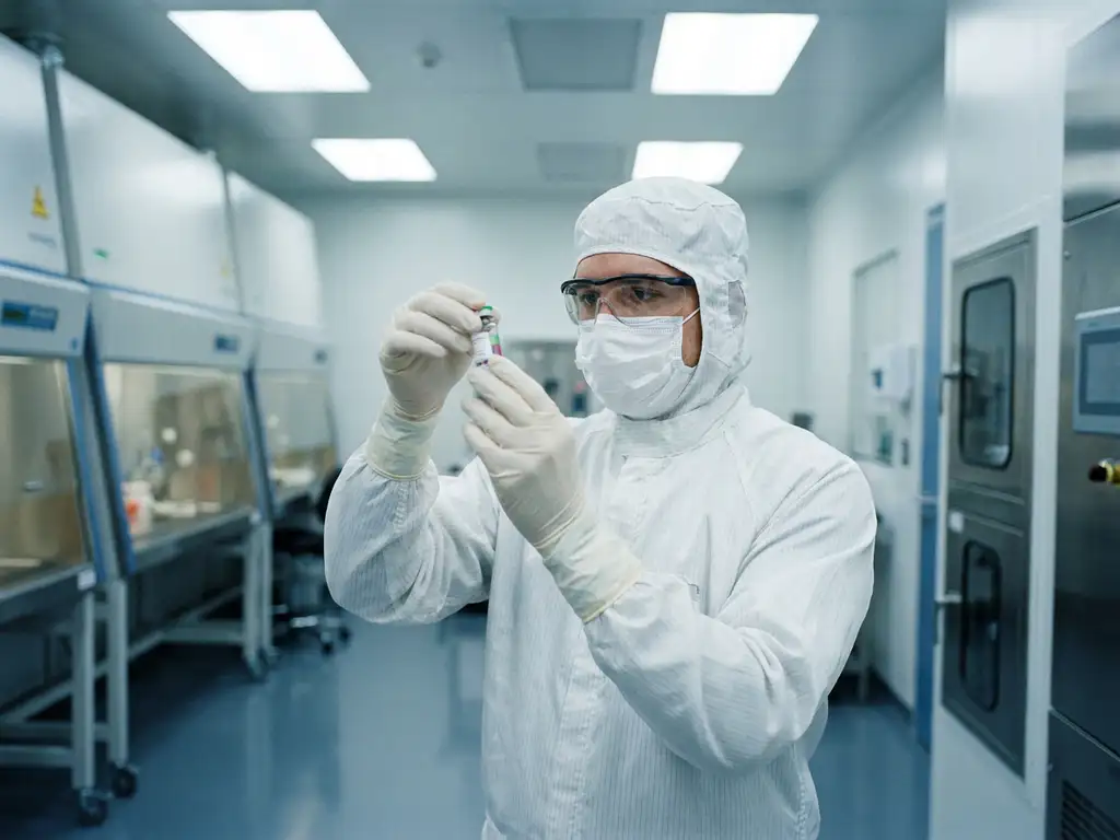 Scientist in white cleanroom gown and mask examining a glass vial inside a sterile biotechnology cleanroom with stainless steel biosafety cabinets.