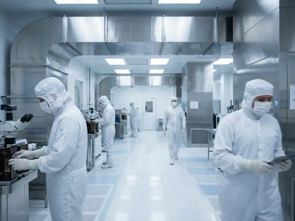 Semiconductor cleanroom with gowned technicians in bunny suits walking color-zoned white epoxy floors under bright diffused lighting.