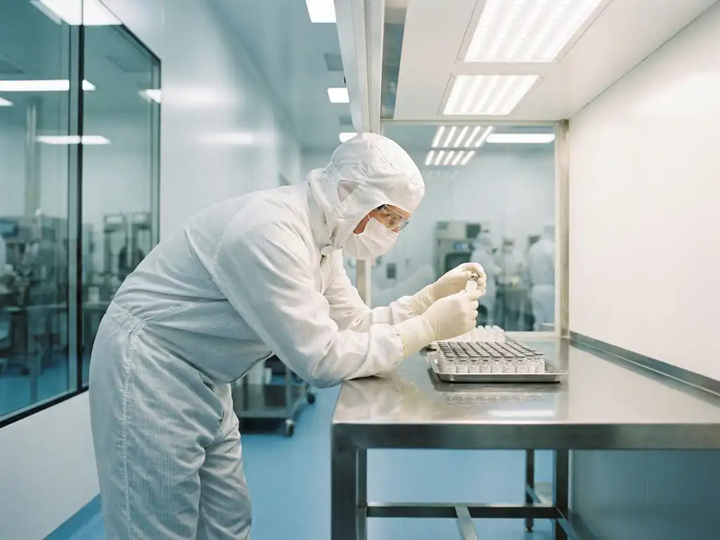 Pharmaceutical technician in white cleanroom PPE inspecting sterile vials on stainless steel inside an ISO-classified manufacturing suite.