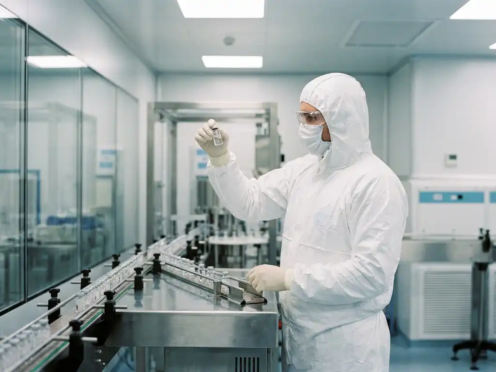 Pharmaceutical technician in white cleanroom suit inspecting sealed sterile vials on a stainless steel fill line in an ISO-classified cleanroom.