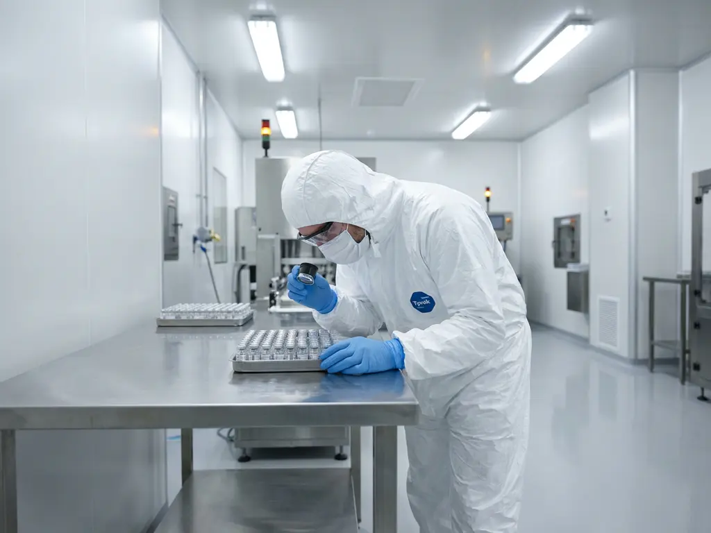 Pharmaceutical cleanroom technician in white protective gown and mask inspecting sealed sterile vials on a stainless steel surface.