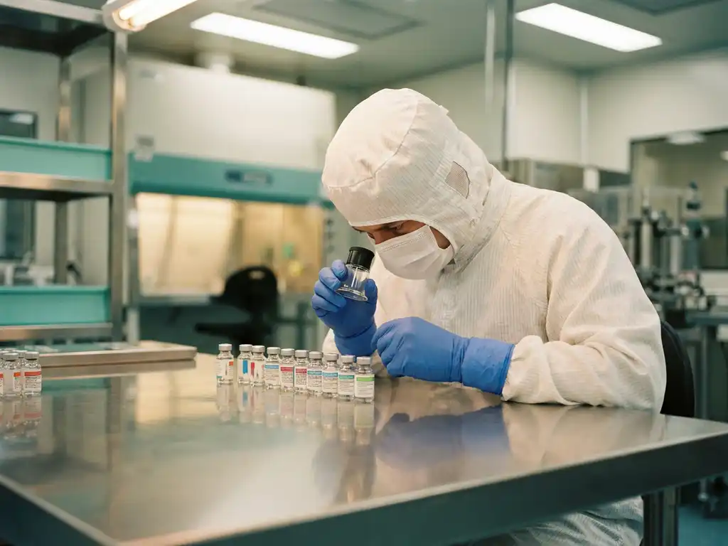 Cleanroom technician in white gown inspecting sealed allergen sample containers on a stainless steel lab surface.