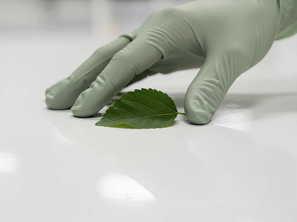 Gloved hand pressing a green leaf onto a polished white epoxy cleanroom floor, highlighting antimicrobial and eco-friendly flooring.
