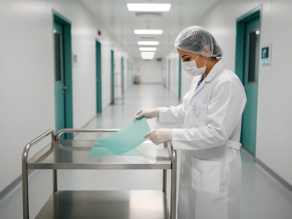 Scientist in white lab coat loading antimicrobial polymer sheet into stainless steel cleanroom trolley in pharmaceutical corridor.