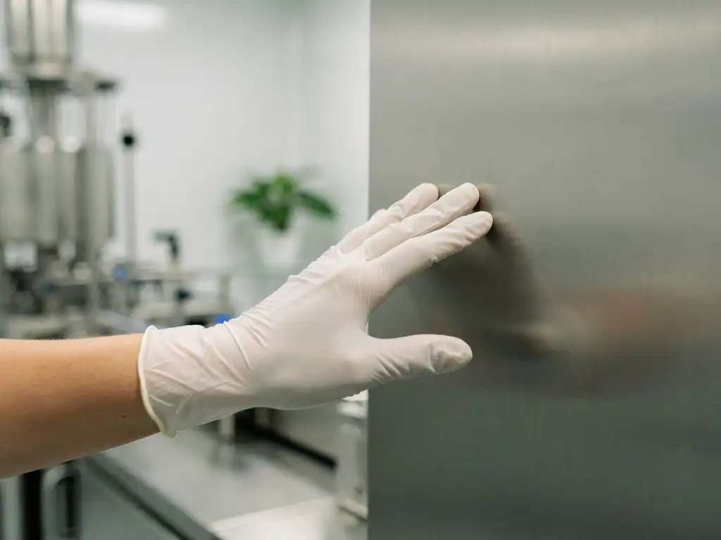 Behandschuhte Hand berührt antimikrobielle Oberfläche in pharmazeutischem Reinraum mit Edelstahlausrüstung im Hintergrund.