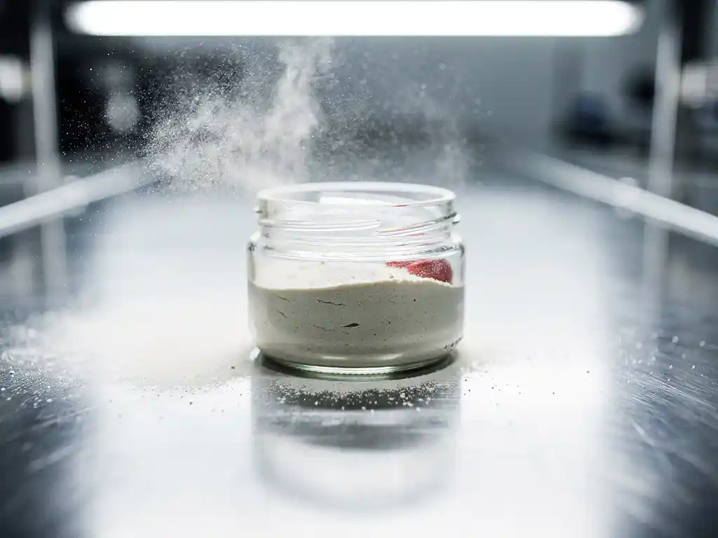 Cracked sealed glass jar on stainless steel production line with fine dust particles visible in fluorescent light.