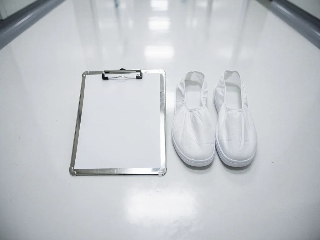 Stainless steel clipboard with document on polished cleanroom floor beside white sterile overshoes in a pharmaceutical facility corridor.