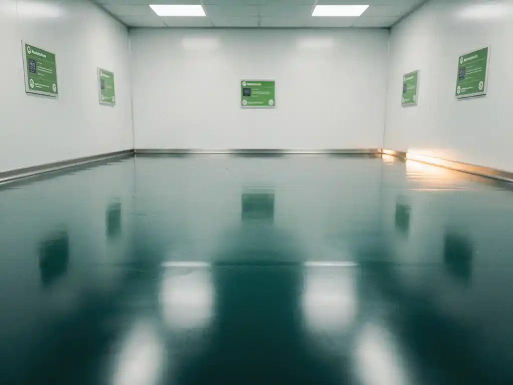 Glossy industrial polymer floor panel in a sterile pharmaceutical cleanroom with white walls and green sustainability certification plaques.