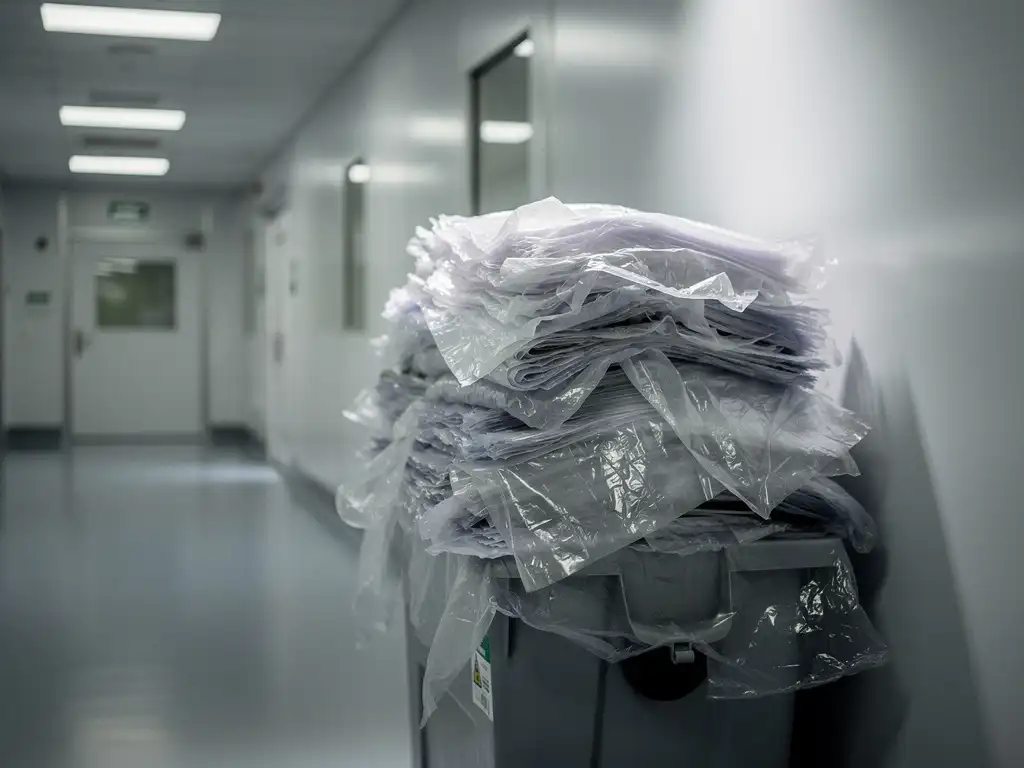 Overflowing industrial waste bin filled with discarded sticky mat sheets in a sterile pharmaceutical cleanroom corridor.