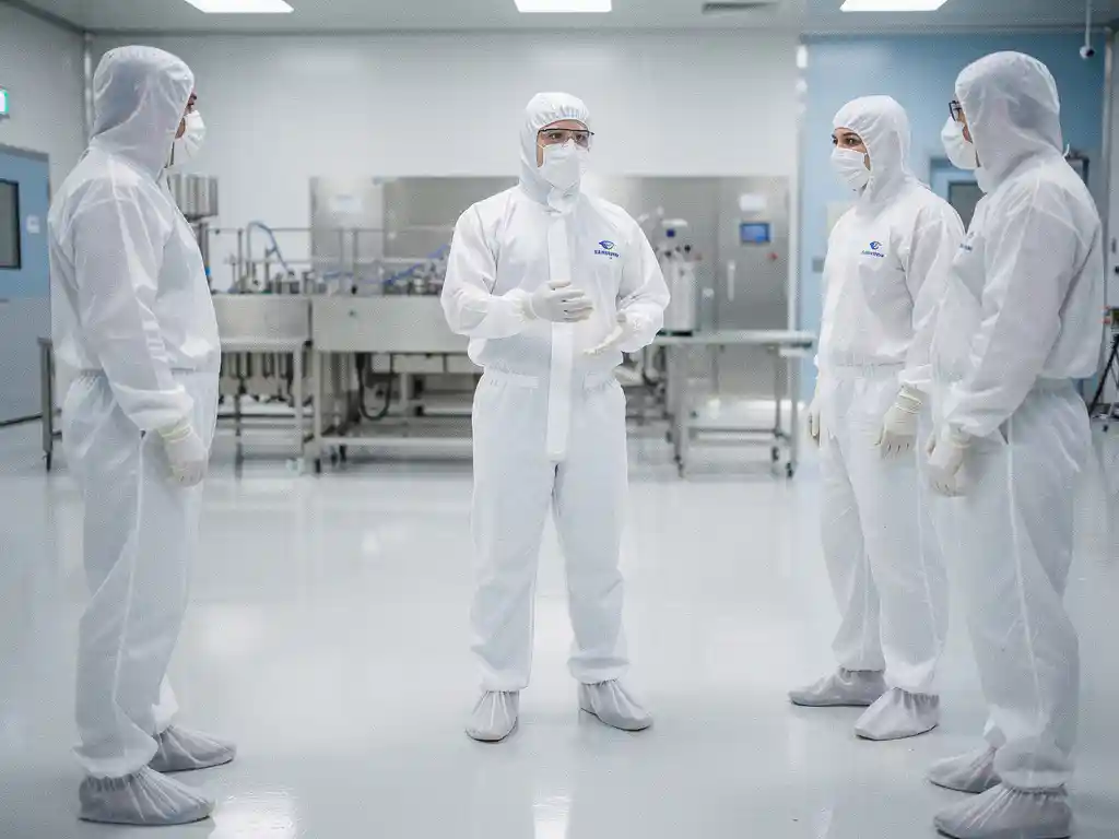 Cleanroom-gowned technician in white coveralls demonstrating contamination control protocol to a group inside a pharmaceutical cleanroom.