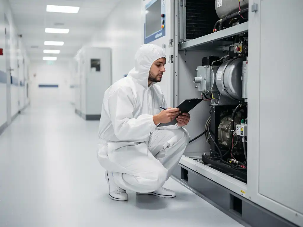Cleanroom technician in white coveralls inspecting an industrial air handling unit with a clipboard in a sterile facility corridor.