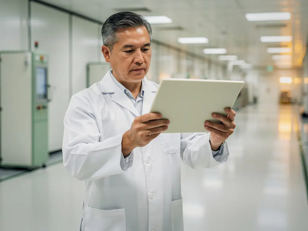Cleanroom technician in white lab coat inspecting a reusable polymer floor tile under overhead light on a pharmaceutical manufacturing floor.