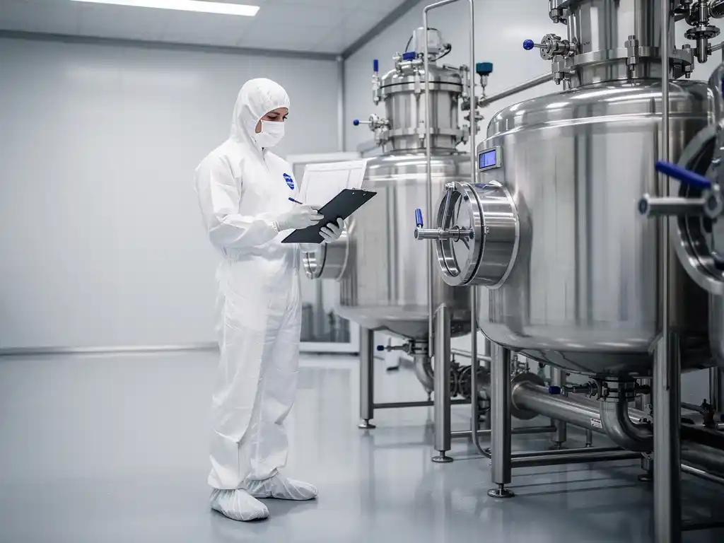 Cleanroom technician in white protective gear reviewing clipboard beside stainless steel pharmaceutical manufacturing equipment.