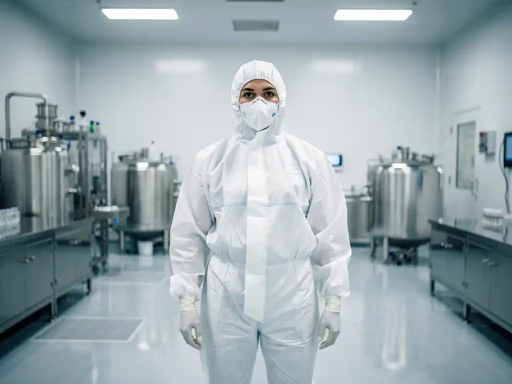 Cleanroom technician in white protective suit standing amid stainless steel equipment in a sterile pharmaceutical facility.