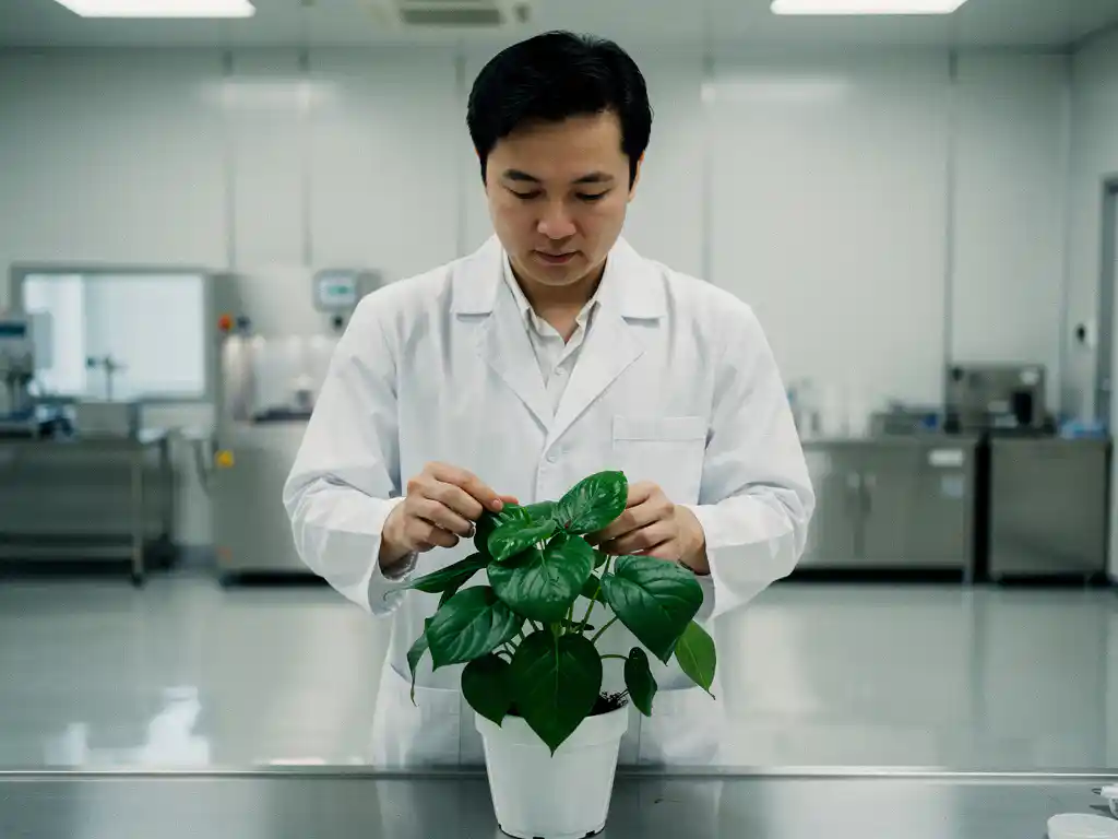 Technician in white lab coat tending a green potted plant inside a sterile pharmaceutical cleanroom with polished white floors and walls.