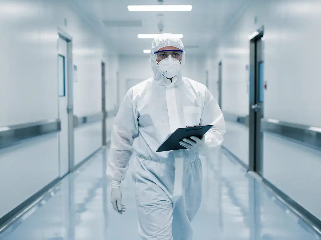 Pharmaceutical cleanroom technician in white gowning suit conducting a sterile corridor inspection, clipboard in hand, under bright overhead lighting.