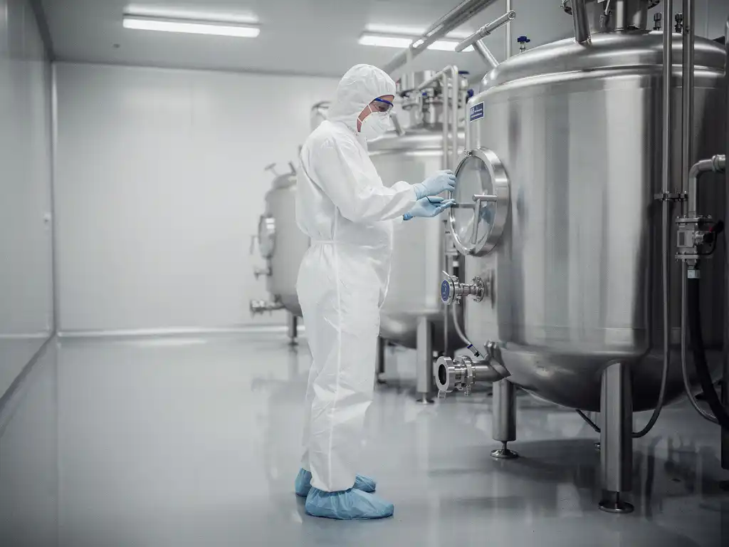 Pharmaceutical technician in white cleanroom suit inspecting sterile stainless steel equipment inside an ISO-classified cleanroom.