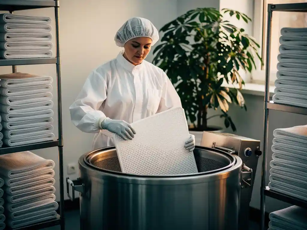 Cleanroom technician in white coveralls loading a reusable polymer mat into an industrial washing unit beside stacked clean mats.