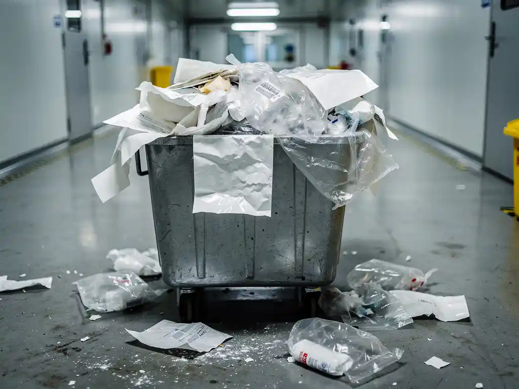 Overflowing industrial bin filled with crumpled single-use contamination sheets and torn peel-off layers beside scattered plastic waste on a cleanroom corridor floor.