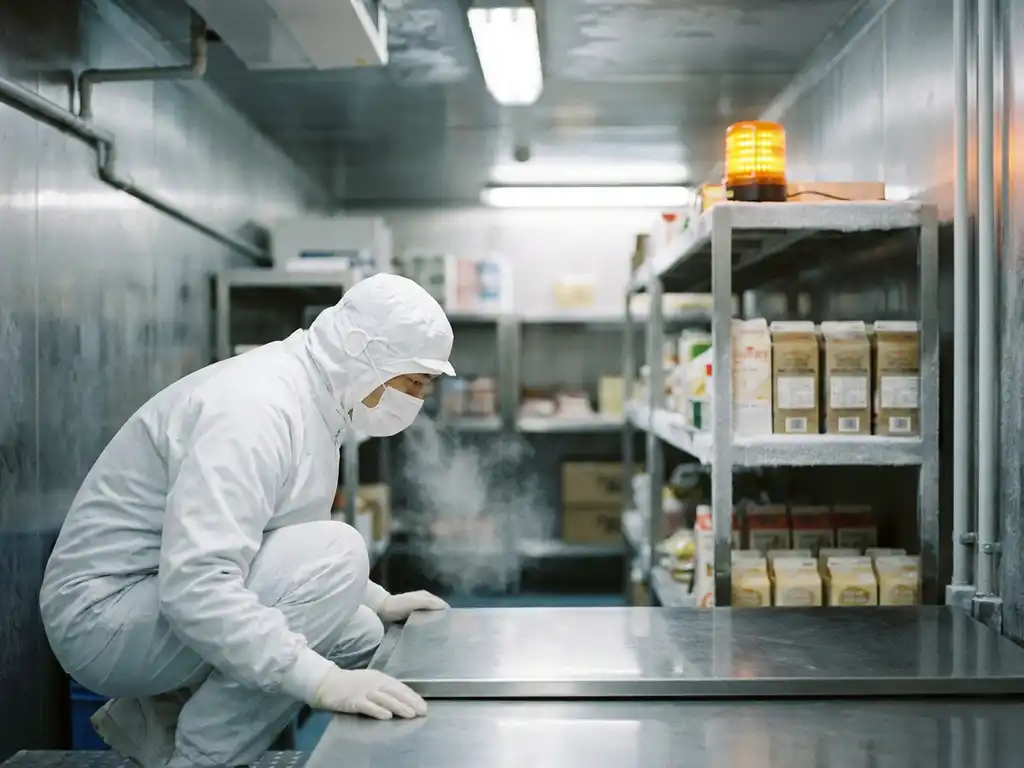 Food technician in white protective gear inspecting a stainless steel cold storage floor, breath visible in freezing air, frost-edged shelves blurred behind.
