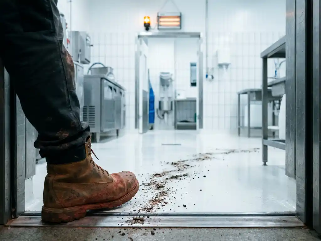 Contractor's muddy work boots crossing into a sterile white food manufacturing facility, leaving visible grime on the clean floor.